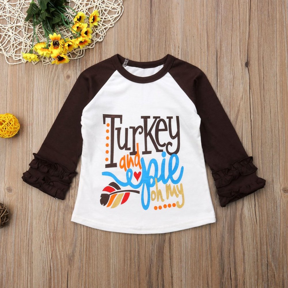NEW Girl's Thanksgiving Turkey and Pie Raglan Tee Shirt